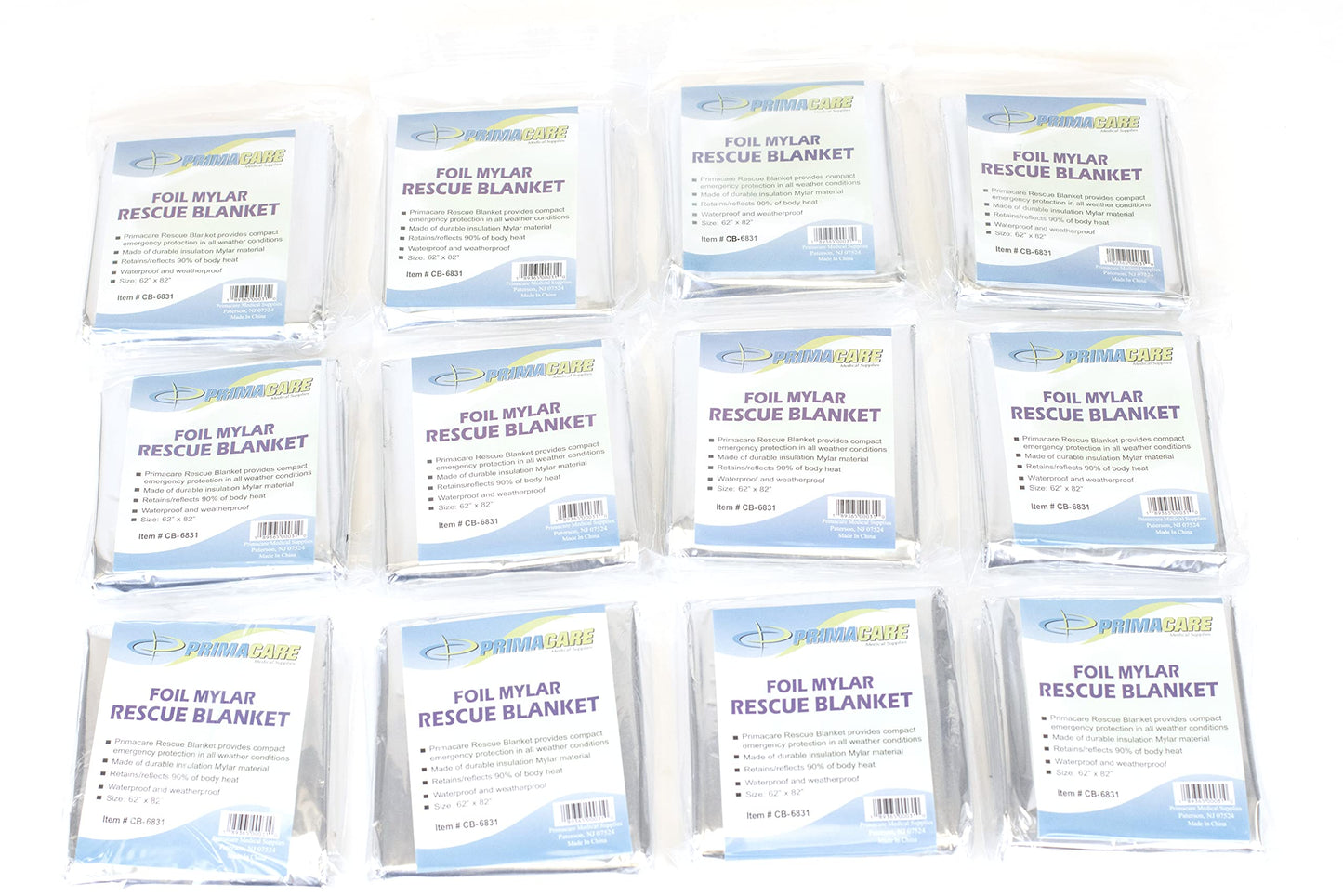 Primacare CSCB-6831-CS Emergency Mylar Thermal Foil Blanket, 16 Packs of 12= 192 Units, Silver