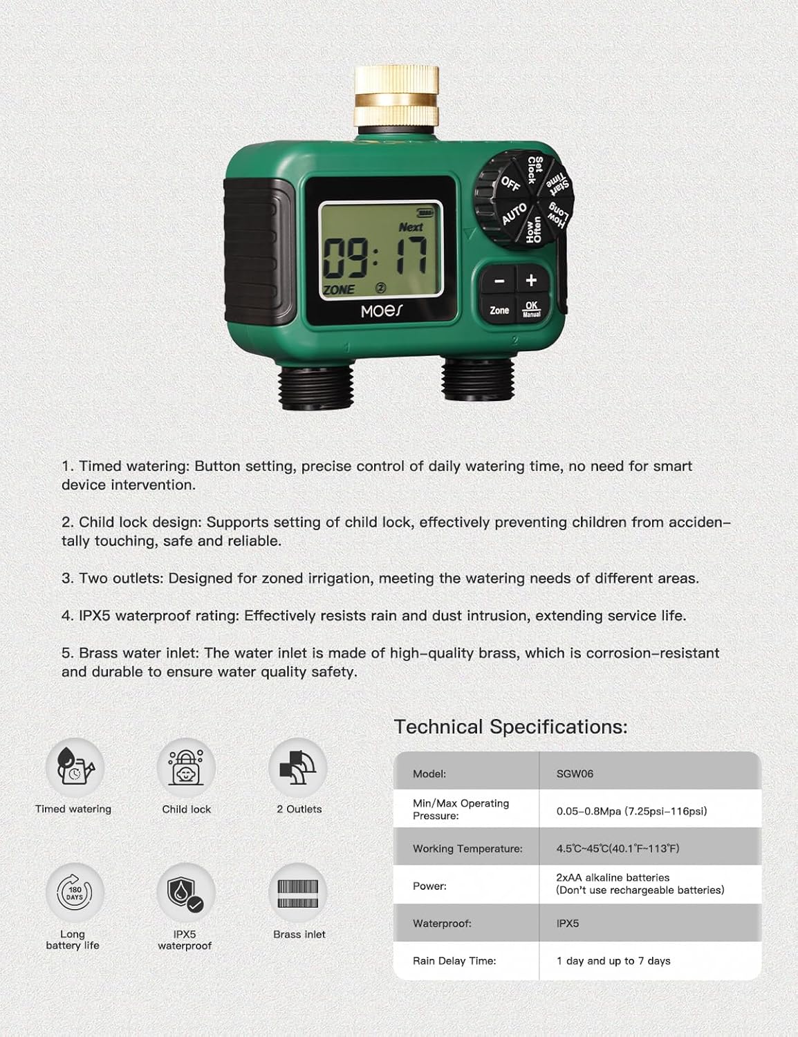 MOES 2 Zone Sprinkler Timer - Programmable Automatic Irrigation Controller with Brass Inlet & Rain Delay