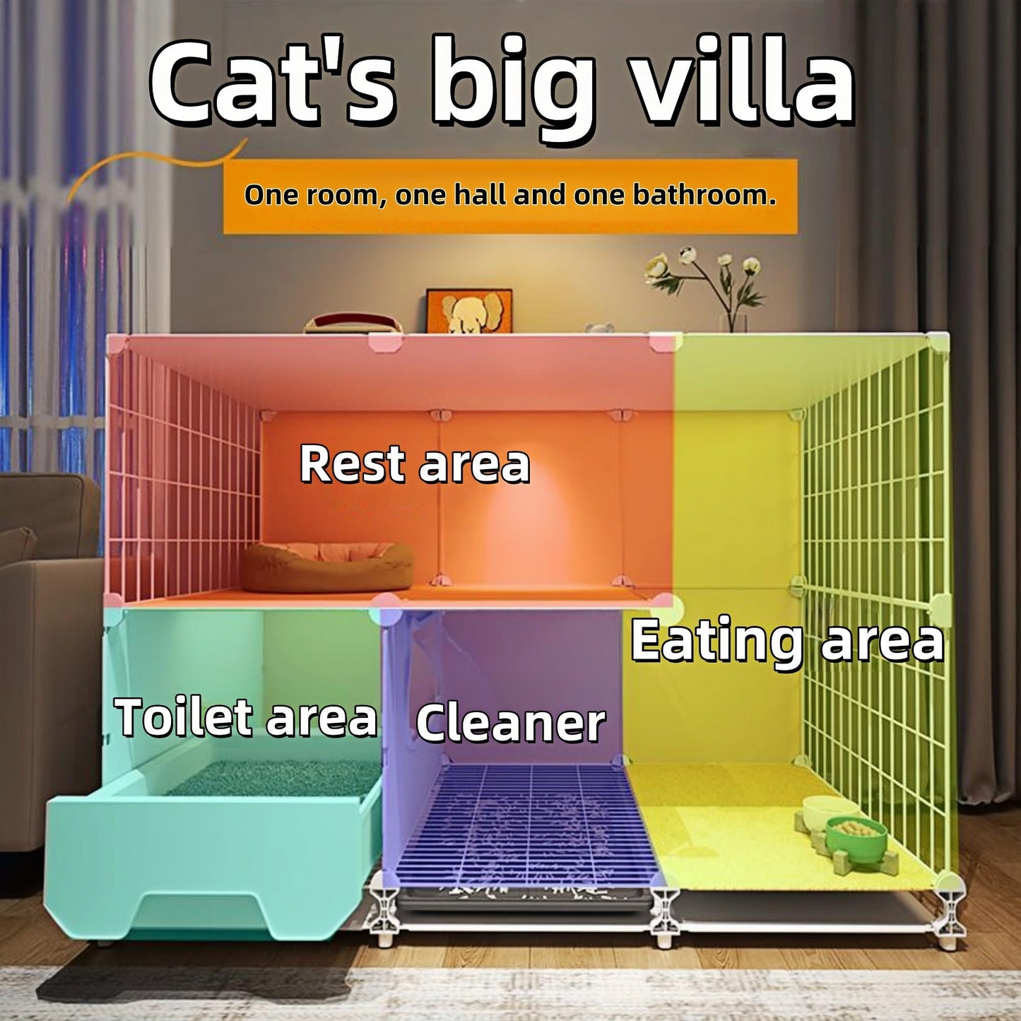cat cage Indoor with Litter Box, Complimentary Bed, Bowl,Cleaning Three piece Set,cat Enclosure, Kennel,Pet Cage, Cat House with Wheels(28″(L) x18.1″(W) x32.3″(H)