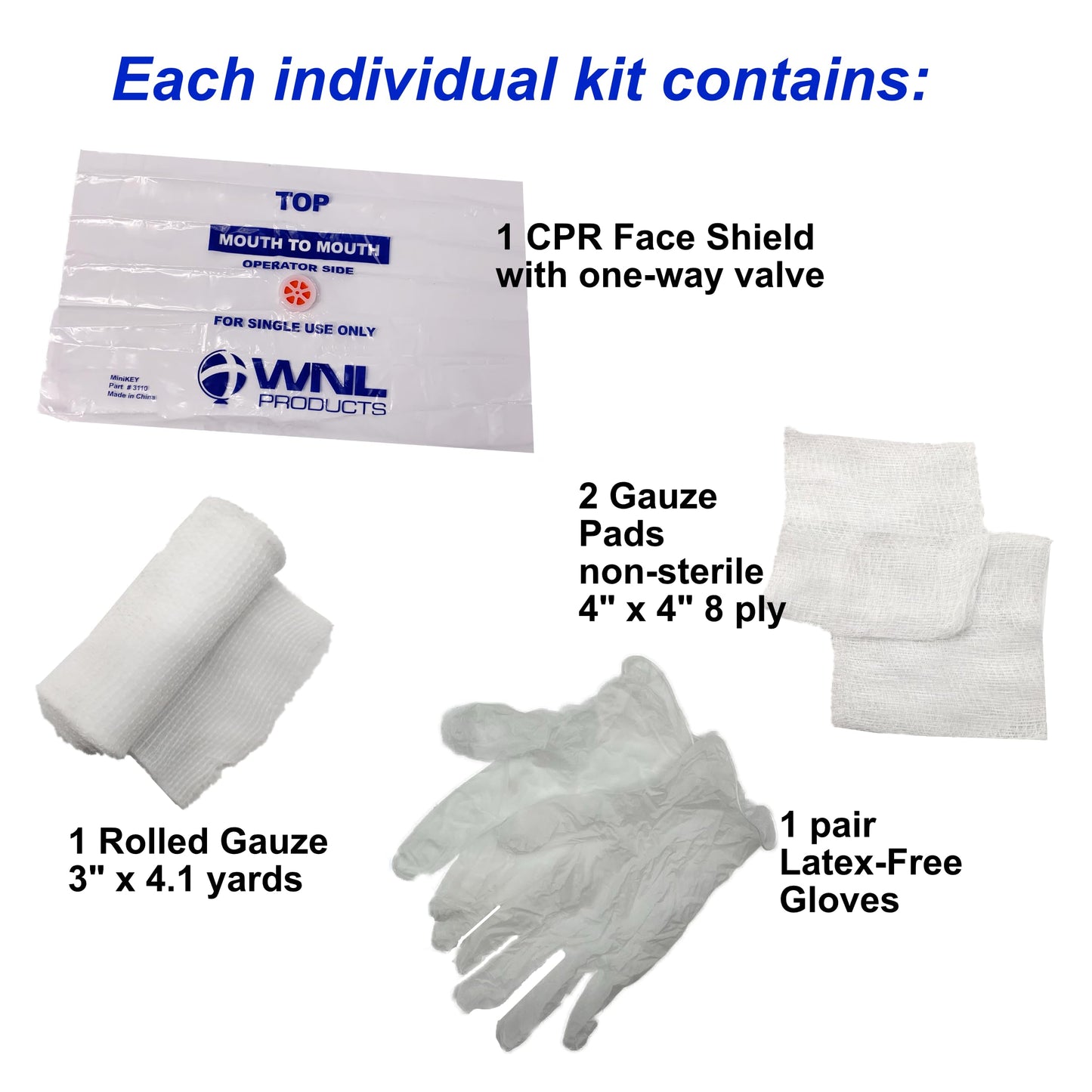 WNL Products 1402SF 100 Pack First Aid & CPR Training Kits for Students, Includes CPR Training Face Shield, Guaze Pads, Latex-Free Gloves & Bandages, 100 Pack