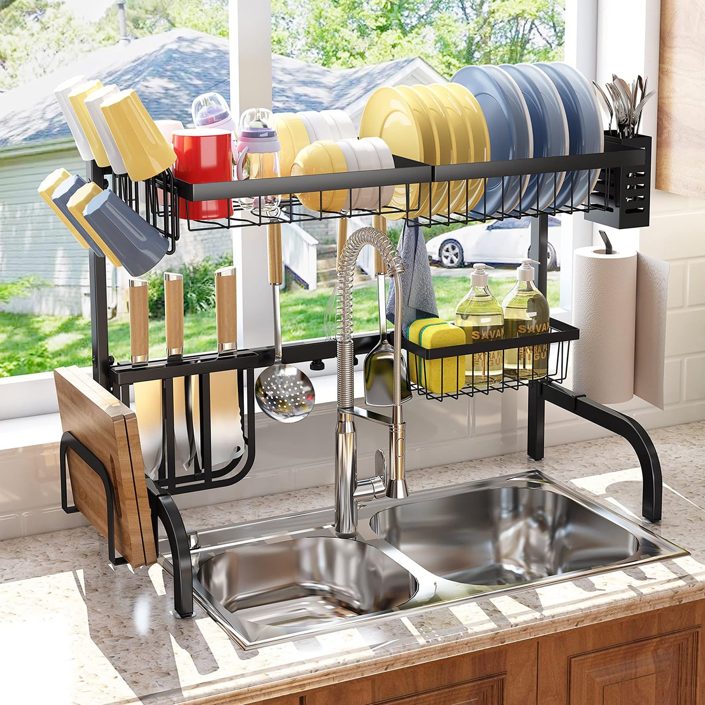 Over The Sink Dish Drying Rack, Adjustable (25.5 to 33.5 inch) 2 Tier Metal Steel Dish Drying Racks for Kitchen Counter with Hooks Paper Towel Utensil Cup Holder Sink Caddy (Black)