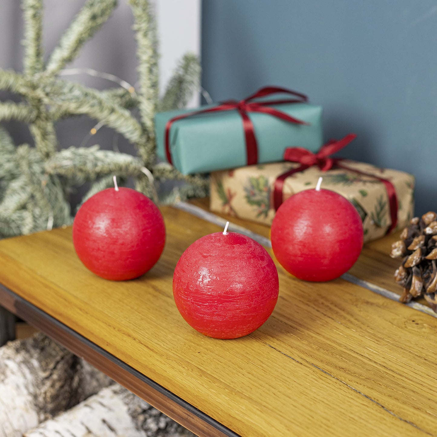CANDWAX Set of 3 inch Round Ball Candles Set of 3 - Perfect as Christmas Decoration and as Spheres for Home Decor - Unscented Smokeless Dripless Long Burning Dark Red Candles