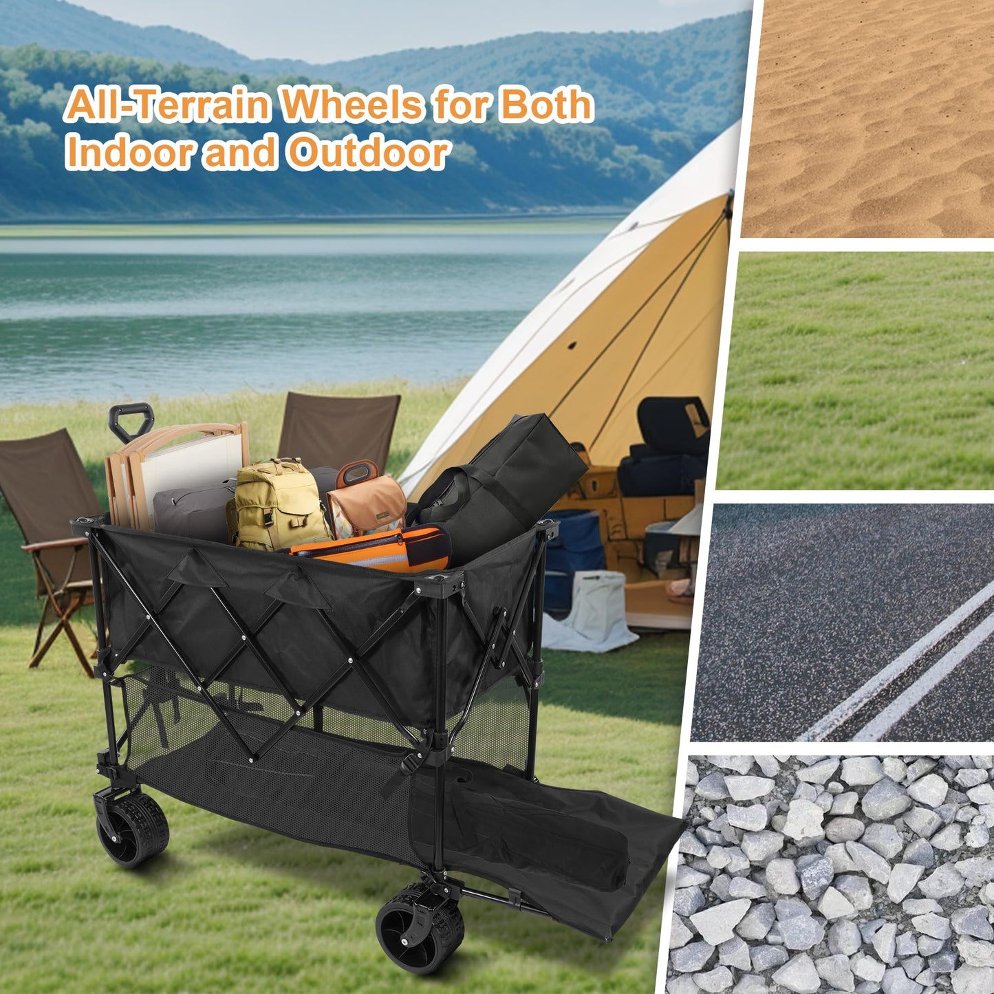 Elevon Collapsible Foldable Wagon, Grocery Beach Cart Large Capacity 450LBS, All Terrain Heavy Duty Cart with Wheels & Drink Holders, Collapsible Wagon Portable for Outdoor Beach Gardening Shopping