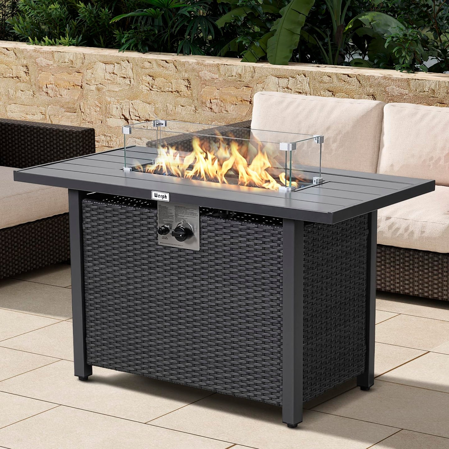 Werph 43" Propane Fire Pit Table with Rattan Fence, 50,000 BTU Gas Fire Pits for Outside Patio with Auto-Ignition, 2-in-1 Fire Table with Natural Lava Rock, Wind Guard& Removable Lid, Black