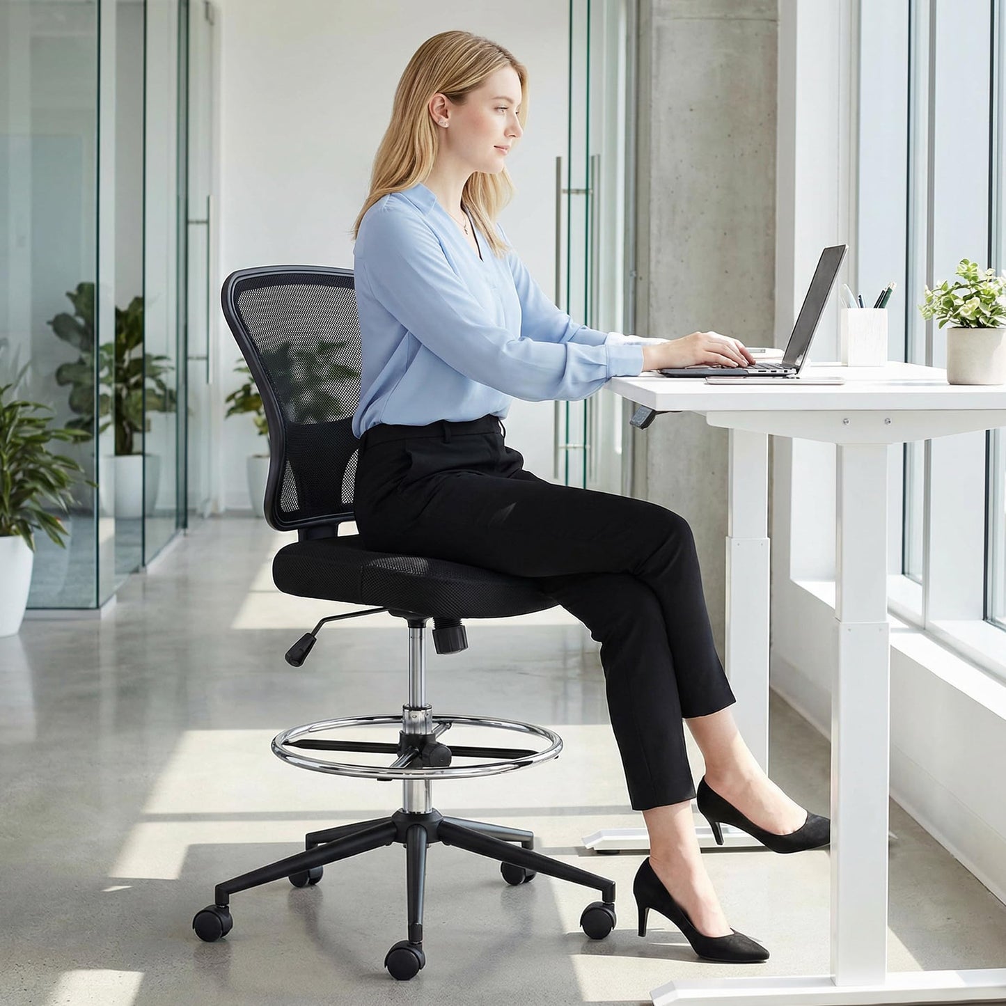 Armless Drafting Chair Tall Office Chair Adjustable Height High Back Ergonomic Desk Chair Drafting Stool Rolling Bar Stools Chairs with Footrest and Wheels