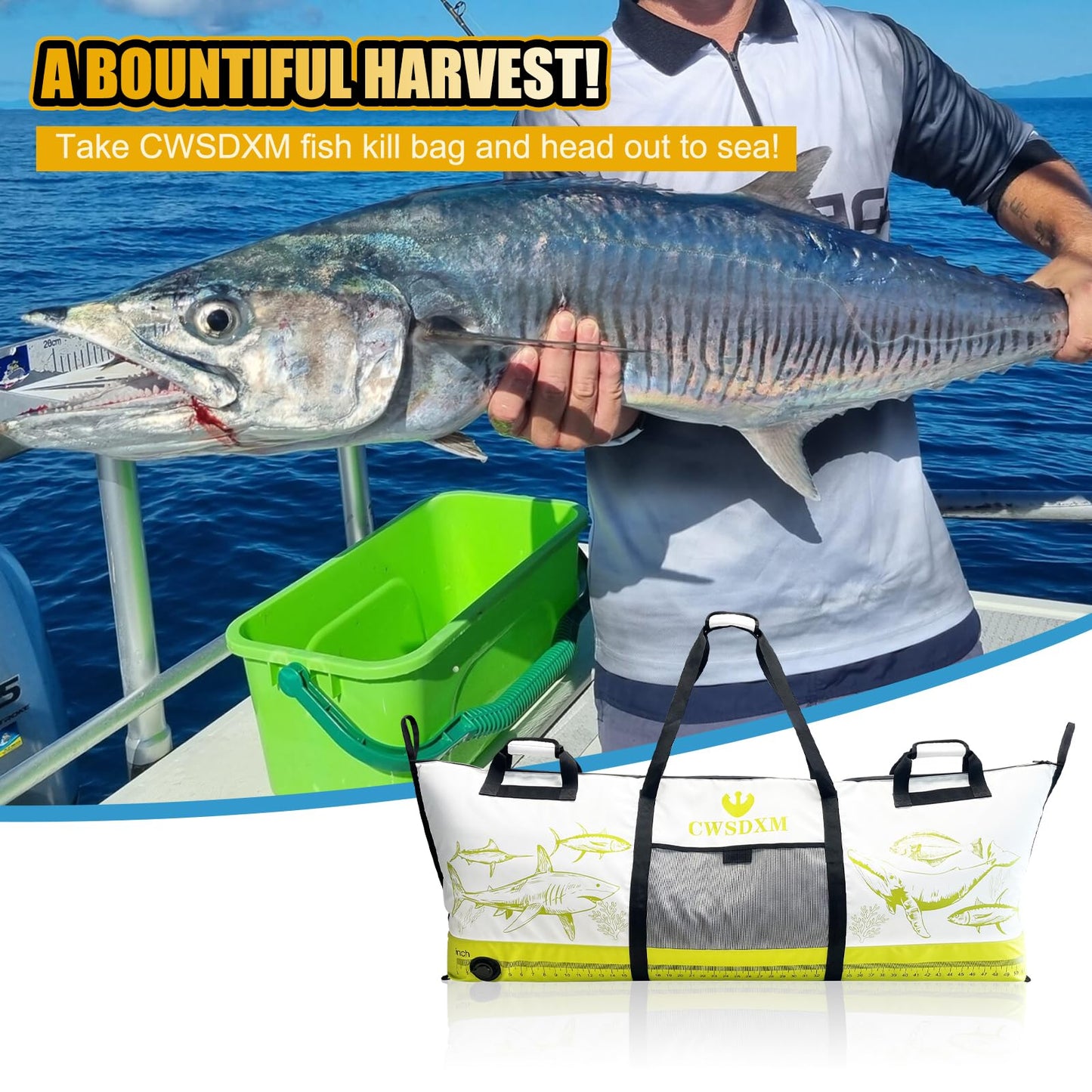 CWSDXM Insulated Fish Cooler Bag, 60'' Waterproof Leakproof Fishing Kill Bag with Drain Valve, Zipper and Heavy Duty PVC Marine Cooler for Boat Kayak Offshore Fishing, Keeps Fish Fresh Up to 48H