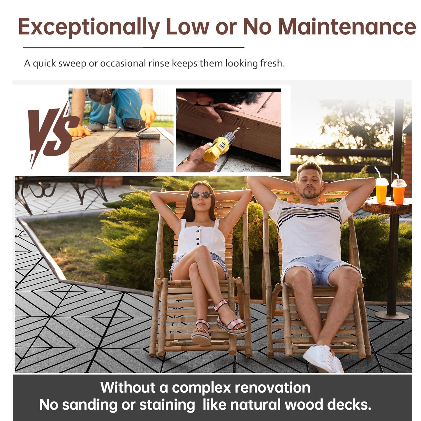 EchoDeck Interlocking Deck Tiles,44 Pack Patio Tiles Outdoor Interlocking All Weather,Patio Deck Tiles,12"x12",Diagonal,Sturdy Base,Highly Durable,Stylish,Non-Slip,Faster-Drying,Efficient,Dark Grey