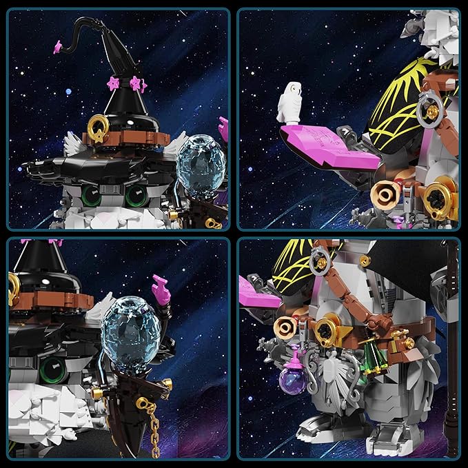 Magic School Wizard Cat Building Set 1458 Pieces Sorcerer Kitten Model Kit with Magic Staff Flying Golden Ball & Owl Fantasy Animal Construction Toy Witchy Home Decor Gift for Adults & Teens