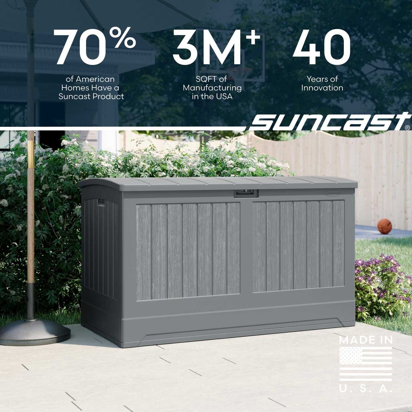 Suncast 200-gal. All-Weather Patio Deck Box, Made in the USA, with Pad-Lockable Lid, Extra-Large Outdoor Storage Unit for Patio Furniture and Grill Tools, Dove Gray Color