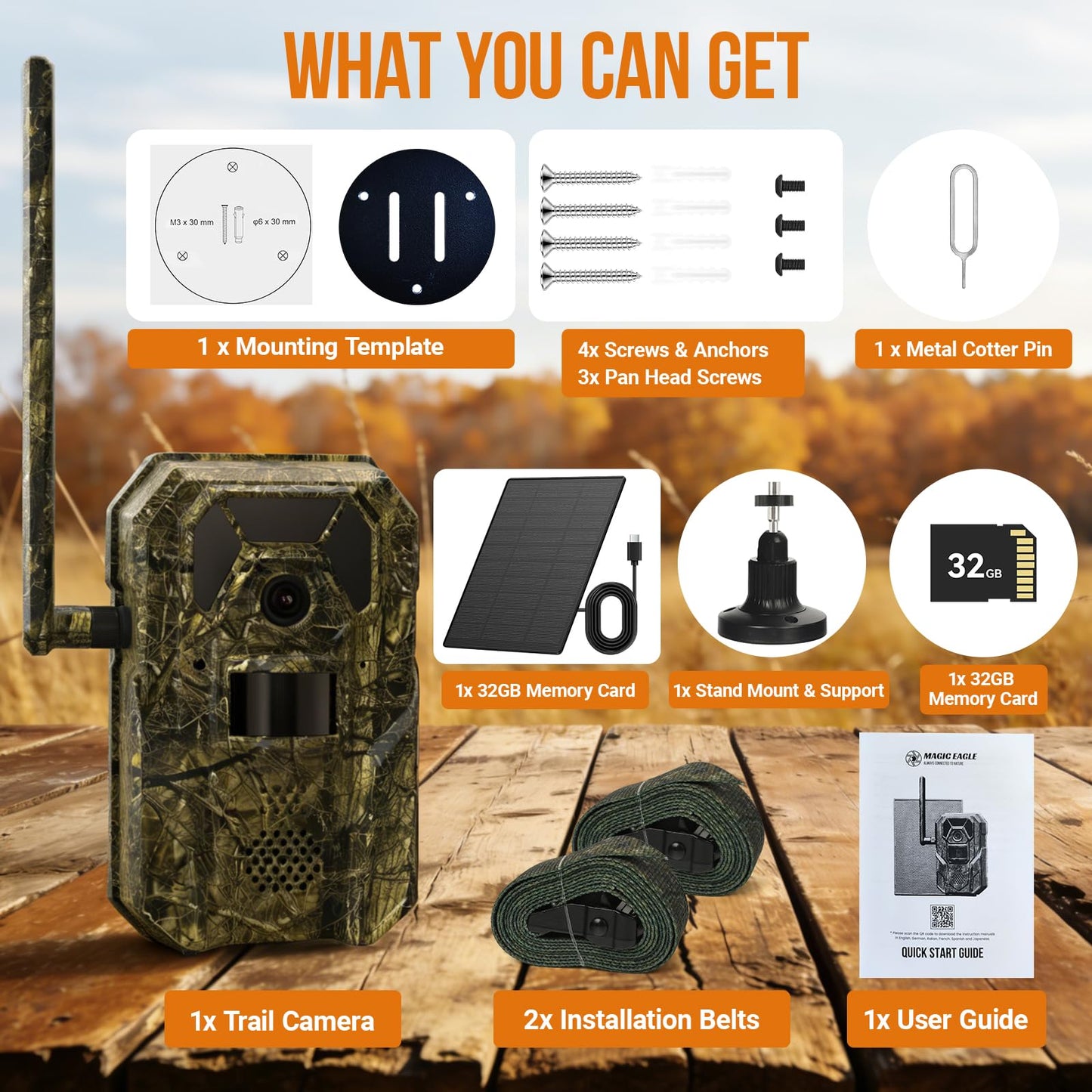 MagicEagle® Cellular Trail Camera 4G Wild Game Cameras 13,000 mAh Battery Solar Panel 2K Audible Video No-Glow IR Night Vision IP66 Waterproof for Wildlife Deer Monitoring Home Security (Green)