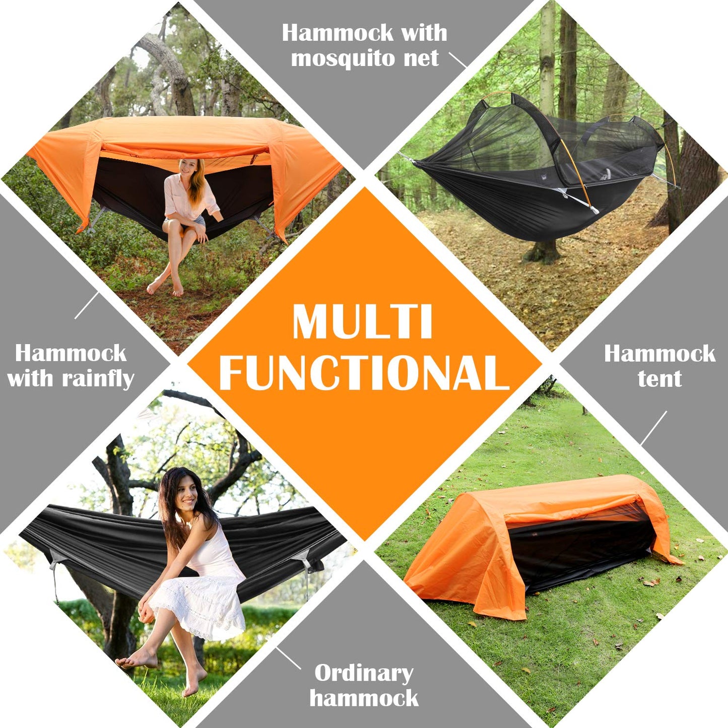 Patent Camping Hammock with Mosquito Net and Rainfly Cover, orange/grey