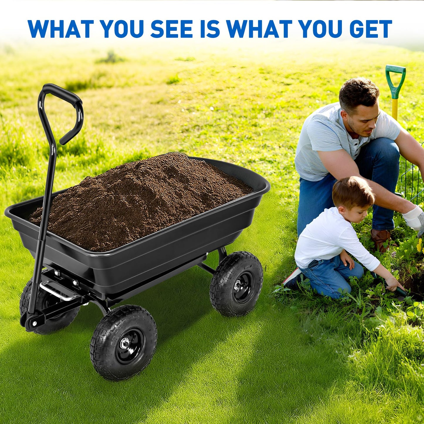 Yesker Garden Carts - 600lbs Dump Wagon with All Terrain Inflatable Wheels for Yard Lawn Farms Gardening - Heavy Duty Utility Outdoor Hauling Wheelbarrow