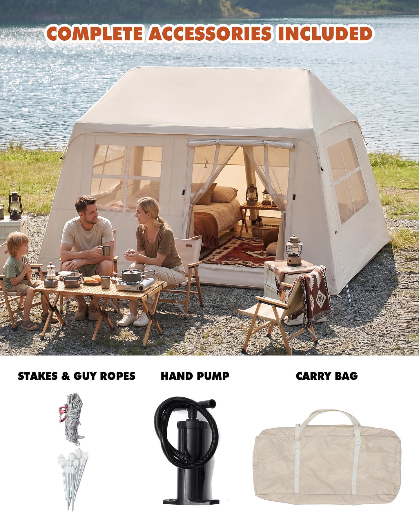 3-4 Person Inflatable Camping Tent Portable Air Cabin Blow Up Tent with Hand Pump Easy Setup Waterproof for Camping Family Backpacking Hiking