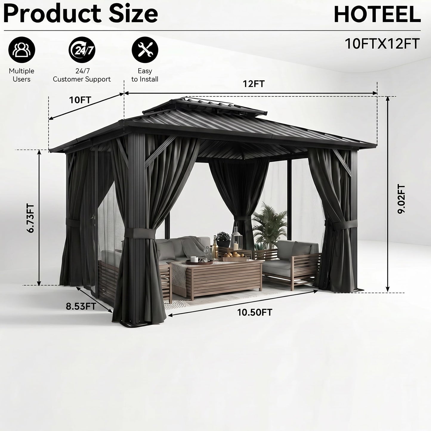 HOTEEL 10x12 Hardtop Gazebo On Clearance with Galvanized Steel Double Roof,Heavy Duty Gazebo with Flame-Retardant Curtain & Netting, Aluminum Frame Outdoor Canopy for Patio, Party, Black