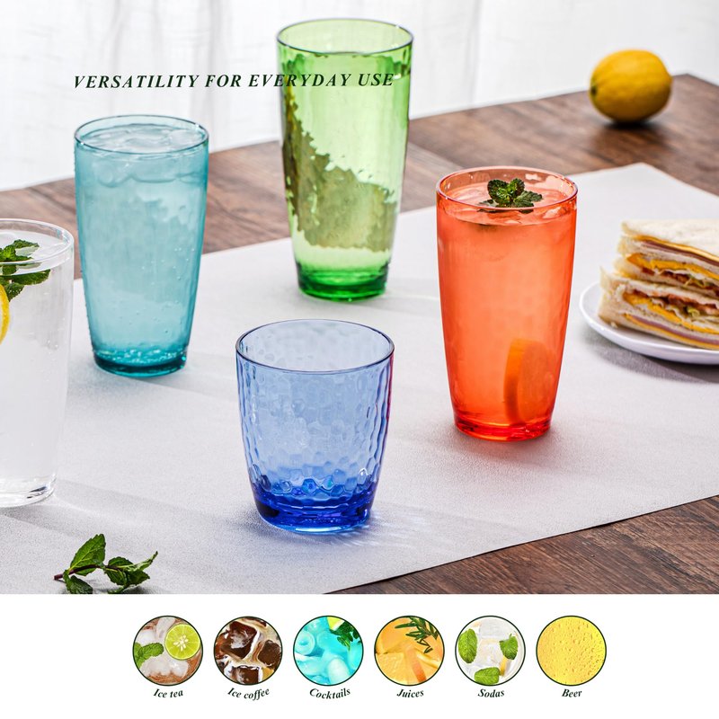 MIYOPESI 26oz Colorful Acrylic Glasses Drinkware (Set of 8), Hammered Design Shatter-Proof Plastic Cups, Reusable Plastic Drinking Tumblers, Stackable, BPA-Free, Dishwasher-Safe…