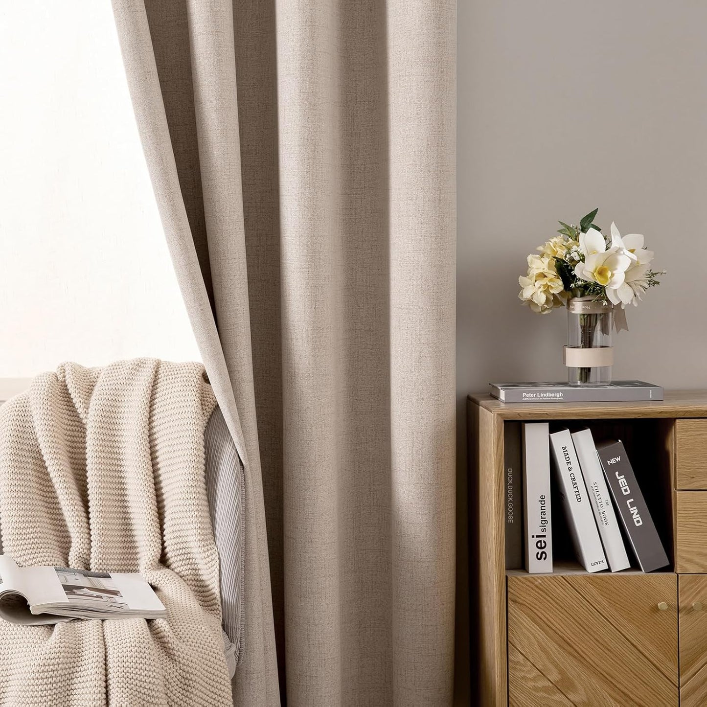 MIULEE 100% Blackout Linen Textured Curtains - Extra Long 100 Inches, Thermal Insulated, Natural Beige (2 Panels)