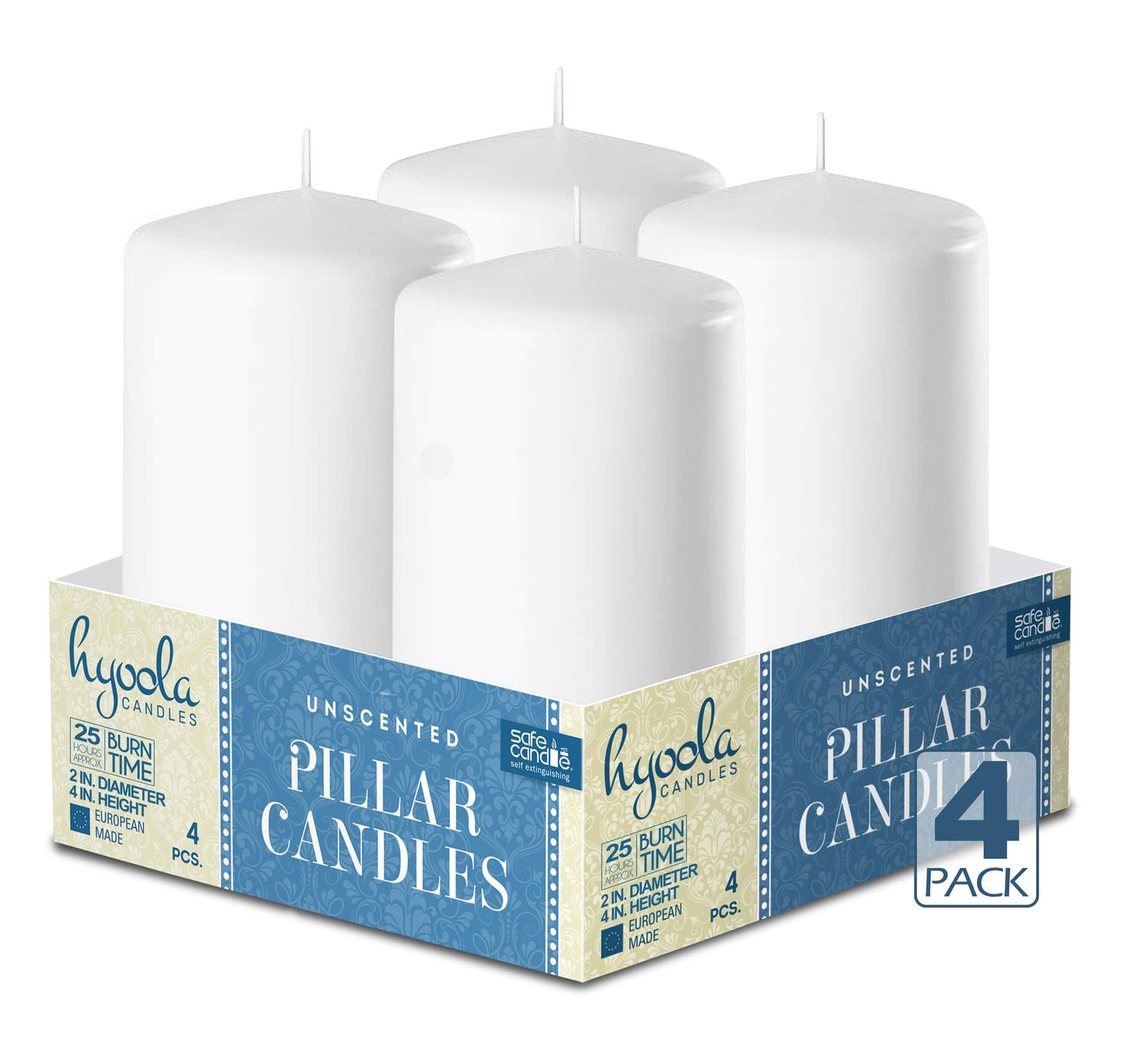 Hyoola White Pillar Candles 2-inch x 4-inch - Unscented Pillar Candles - Set of 4 - European Made