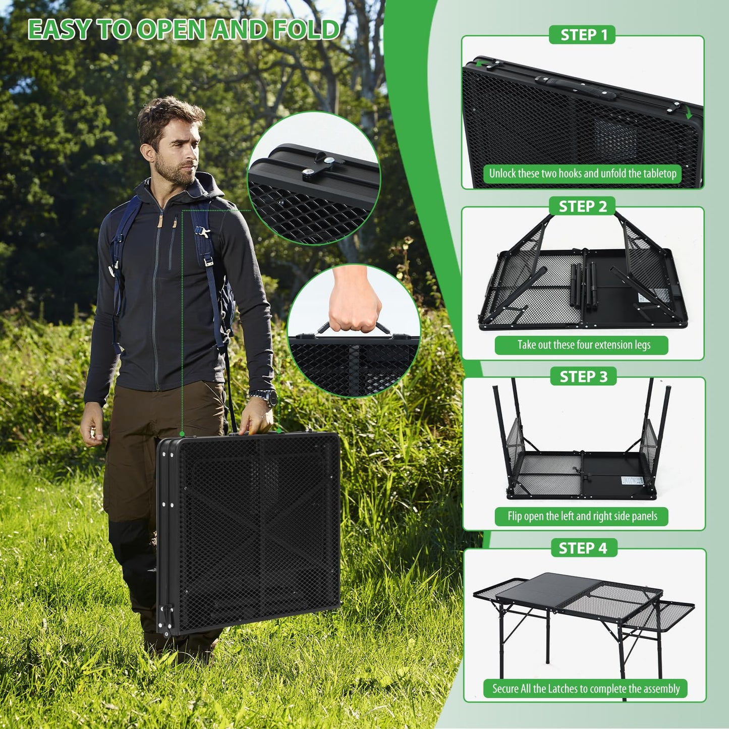 Nice C Camping Table, Ourdoor Folding Grill Table, Tailgate Tables, Solar Panel Tables with USB Type-C&DC Charging Cable, 42W Portable Solar Charger, 2 Side Shelves, with Mesh Net&Cup Holders