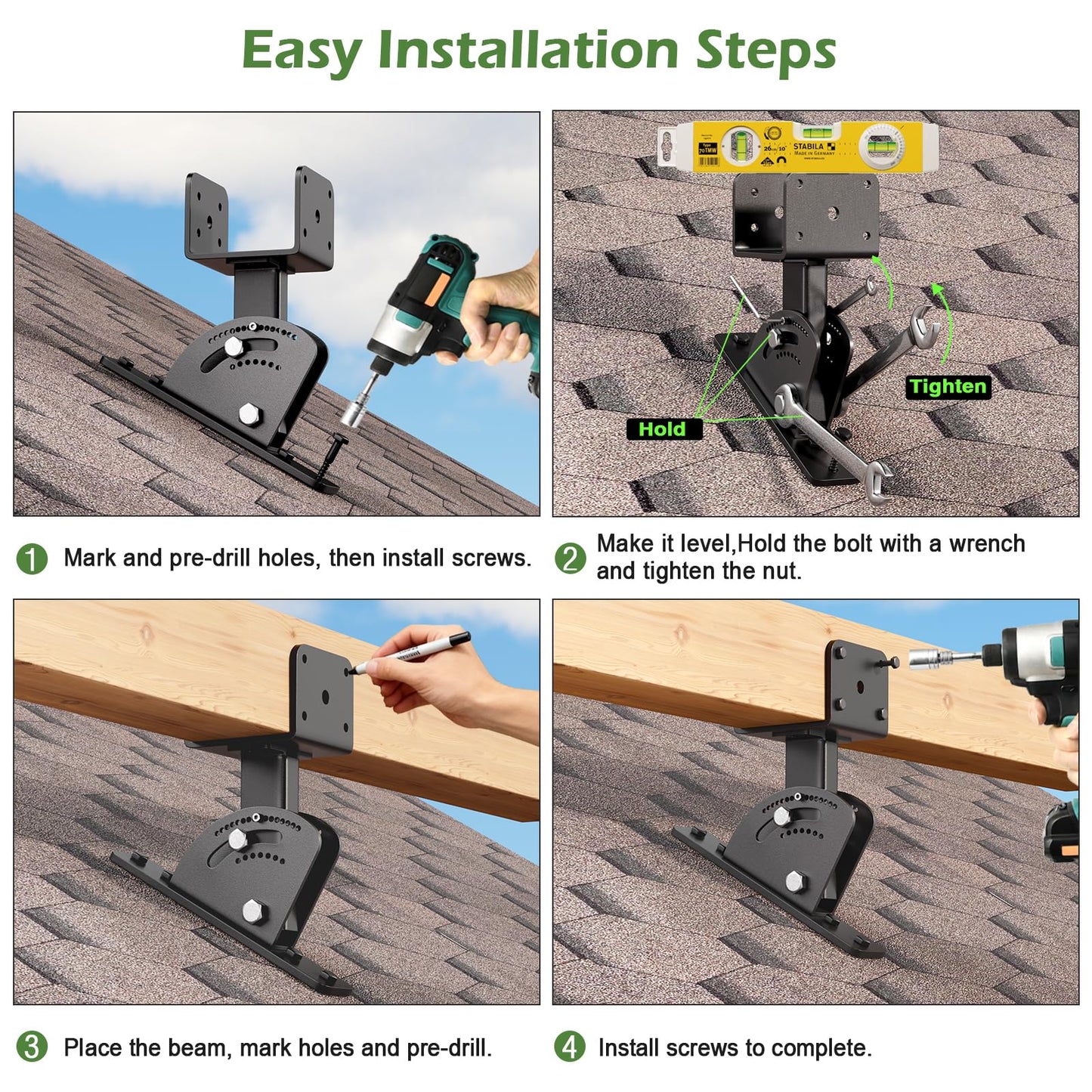 Patio Roof Riser Adjustable & Anchored Angle Pergola Roof Riser Heavy Duty Stainless Steel Roof Mount Brackets Support for 4x4/4x6 Lumber (3Pack)(Patent Pending)