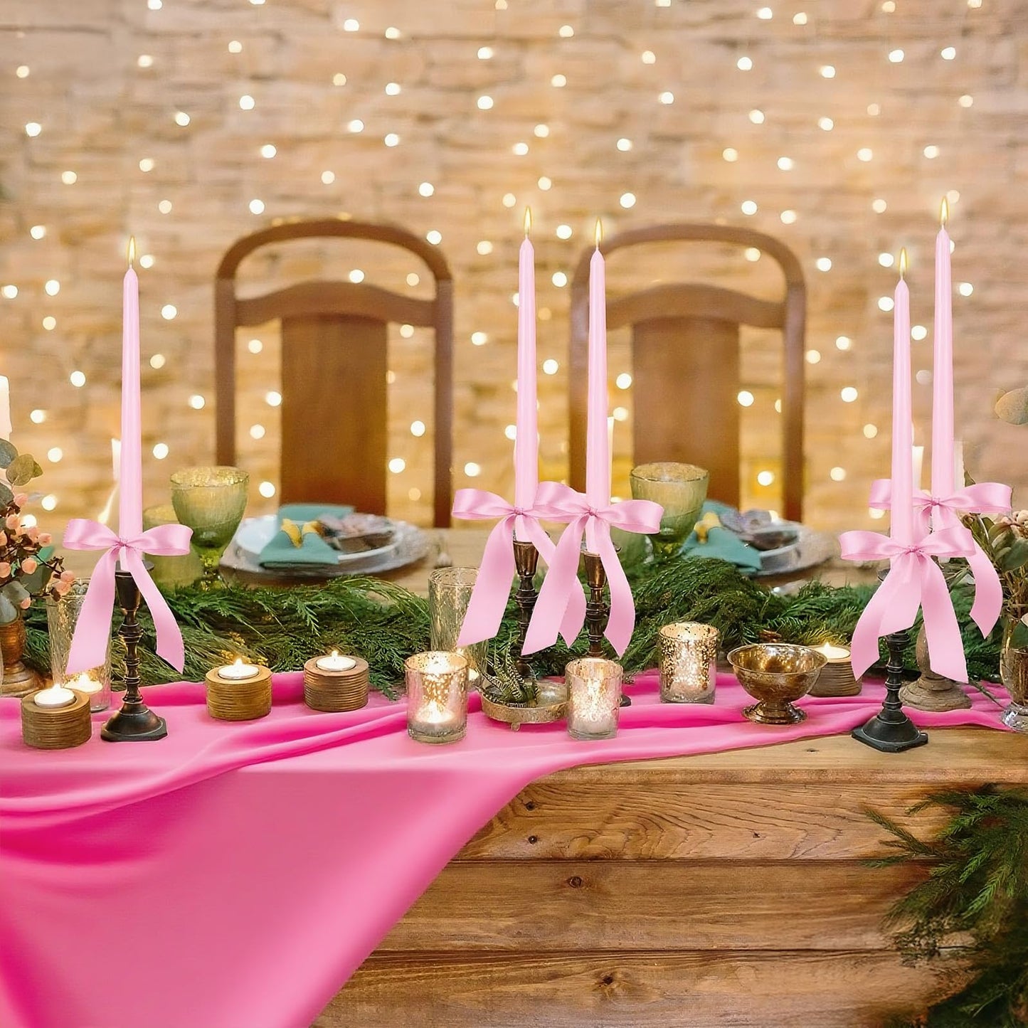 MTLEE 24 Pcs Taper Candles Bow Candle with 72 Ft Ribbons Bows Unscented and Smokeless 0.87 x 10 Inch Tall Candlesticks with Cotton Wick Long Burning for Wedding Dinner Coquette Holiday Party(Pink)