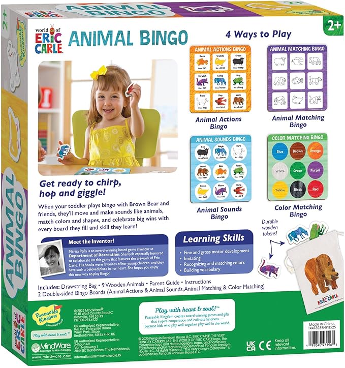 World of Eric Carle: Animal Bingo Game – Wooden Toddler Bingo Set Featuring Brown Bear – Learn Animal Sounds Movements Colors & Matching – Preschool Game for Ages 2+