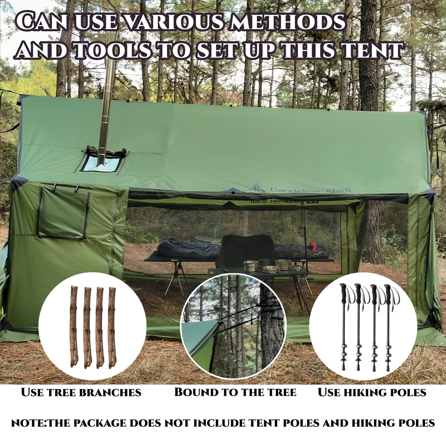Dandelion Shell Hammock Hot Tent with Stove Jack and Double-Sided mesh Windows - Spacious, Versatile Wall Tent with Snow Skirt(No Poles)-Green Waterproof & Windproof, Ideal for Camping, Backpacking