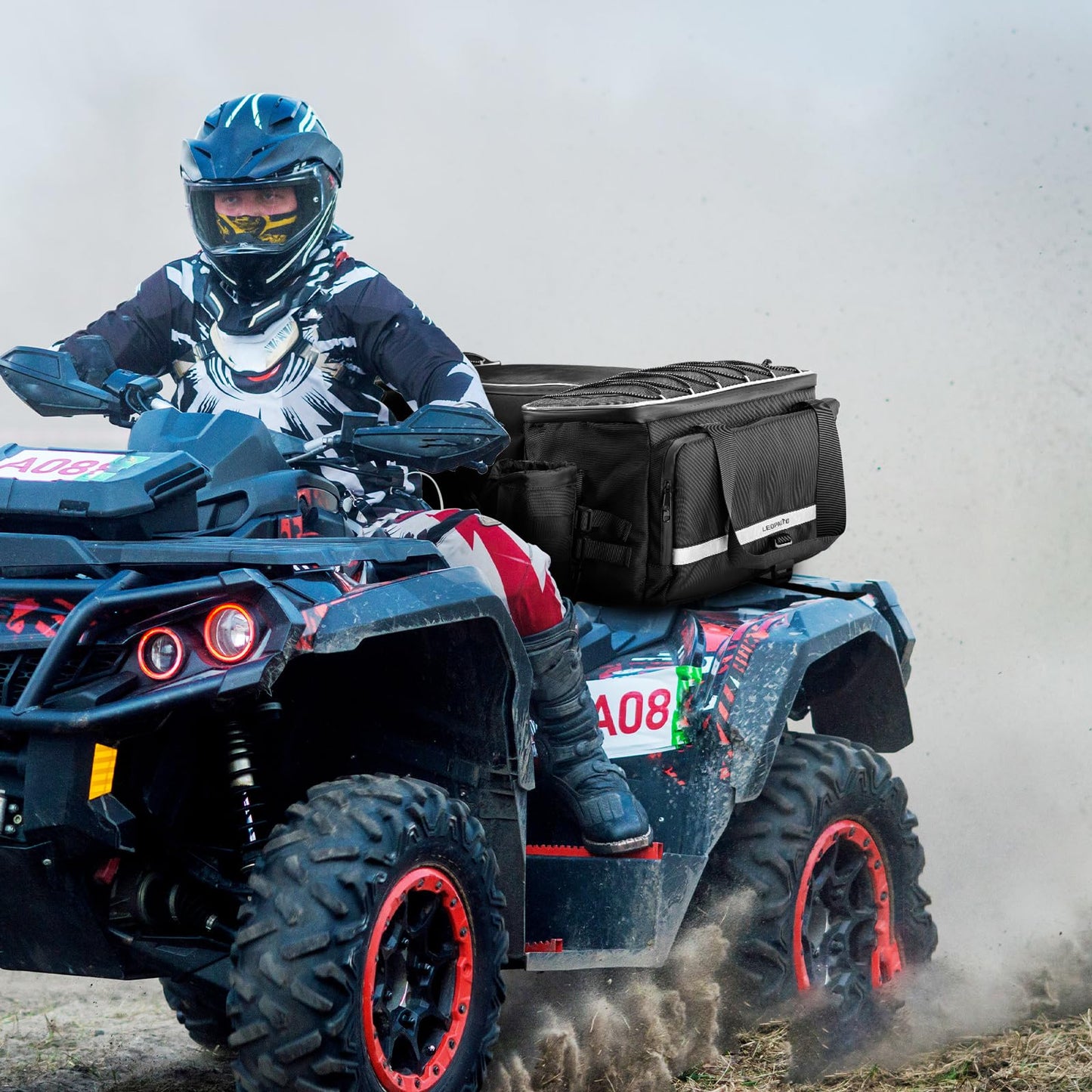 Leopauto ATV Storage Bag Set 65L Large ATV Bags Rear Rack Bag with Rain Cover Four Wheeler Cargo Rear Gear Seat Bag Accessories with Removable Cushion Compatible with Polaris Fourtrax Kawasaki