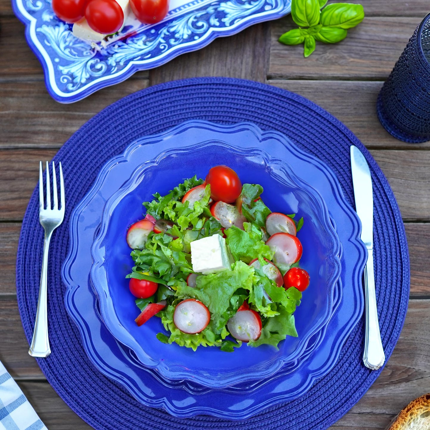 Certified International Isabella Blue Melamine Dinner Plates Set of 4, Lightweight Unbreakable Plates for Indoor Outdoor, Dishwasher Safe, BPA-Free, Great for BBQ, Poolside, Patio, RV Use (Pack of 3)