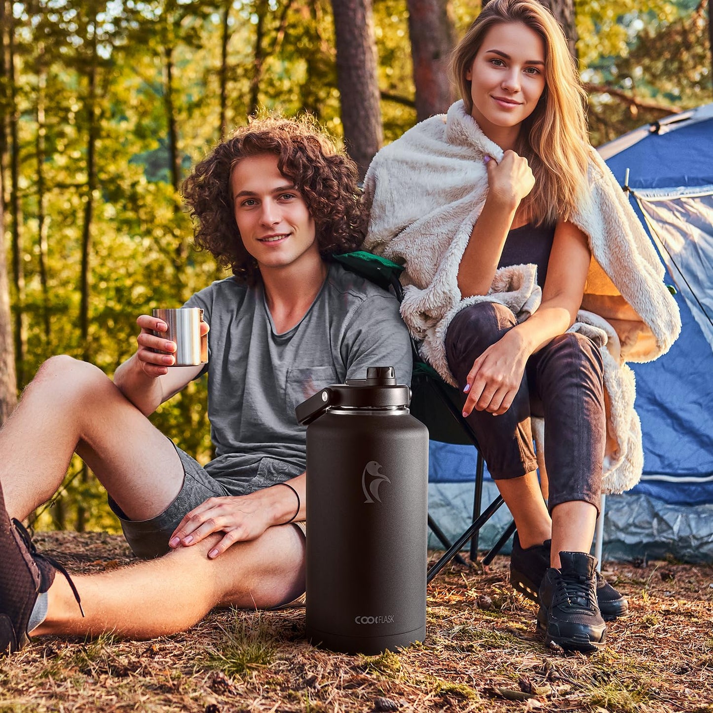 Coolflask Titan 2 Gallon Insulated Water Bottle, 256 oz Large Water Jug Stainless Steel with Leakproof Handle Spout Lid & Sleeve, Wide Mouth Metal Flask for Camping or Work, Magic Black