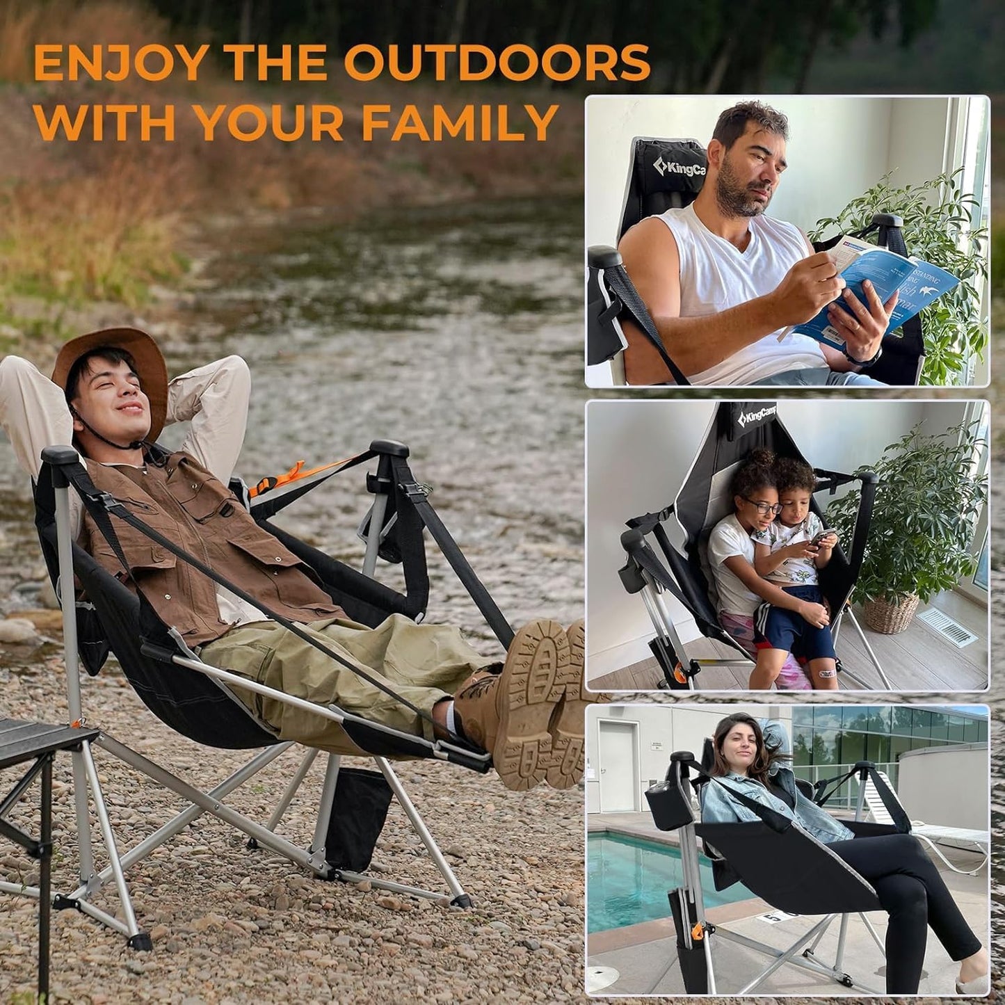 KingCamp 2 Pack Hammock Chairs with Footrest, Heavy Duty Swinging Rocking Camping Chairs for Adults 400lbs, Folding Portable Oversized Rocker with Cup Holder & Pillow for Outdoor Beach Lawn RV Sports