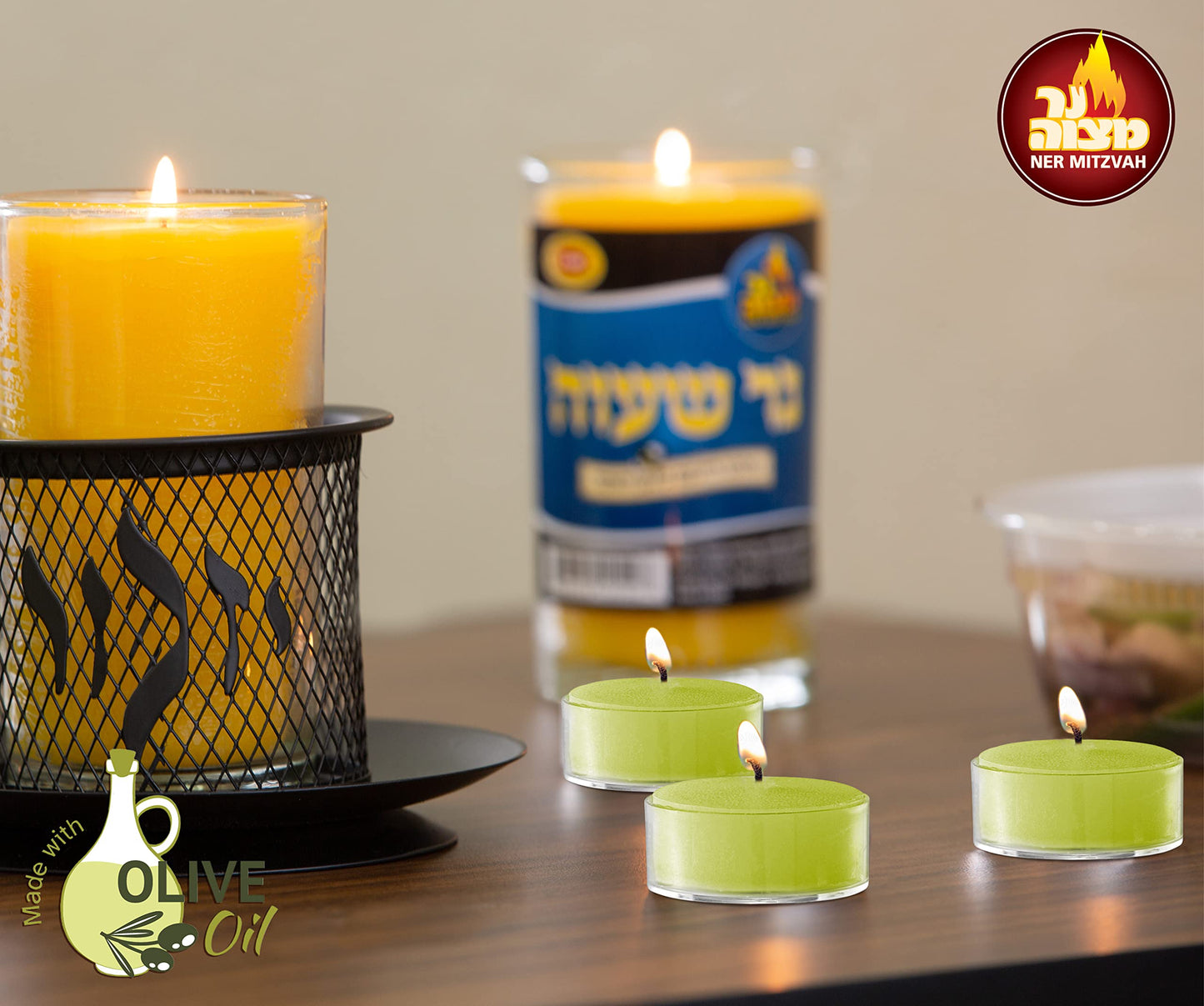 Olive Oil Tea Light Candles - 40 Pack - Clear Cup Unscented Travel, Centerpiece, Decorative Candle - 4.5 Hour Burn Time - by Ner Mitzvah