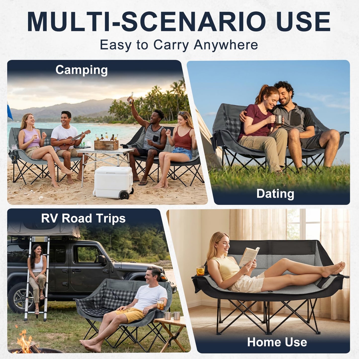 RVIEIS Double Camping Chair 2 Person Loveseat Oversized Padded Camping Couch Heavy Duty Portable Folding XL Camp Chair with Cup Holder Side Pocket for Outdoor Lawn Beach Sport Support 800LBS, Grey