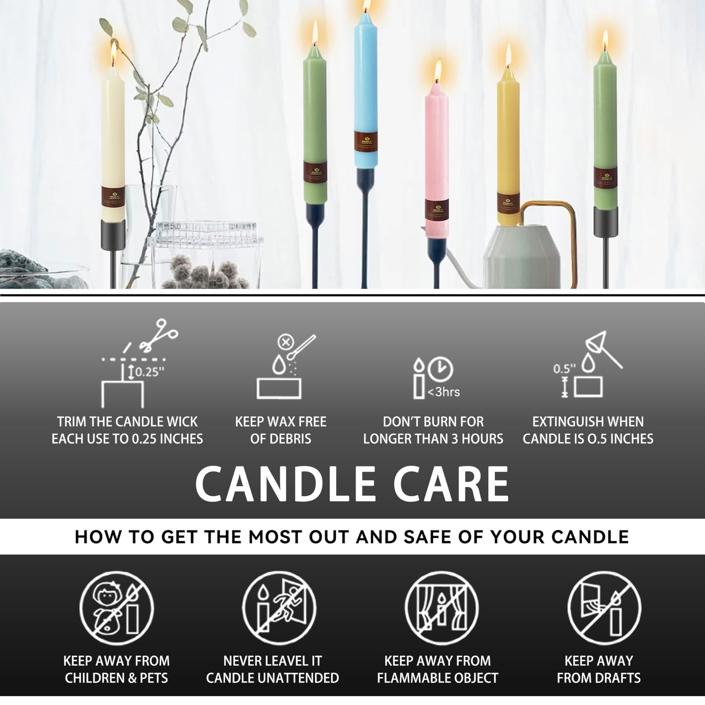 Black Halloween Taper Candles 4 Pack Hand-Poured 9 Inch Unscented Long Tapered Candles for Spooky Decor, Haunted Houses & Gothic Weddings - Clean Burning, Smokeless & Odorless
