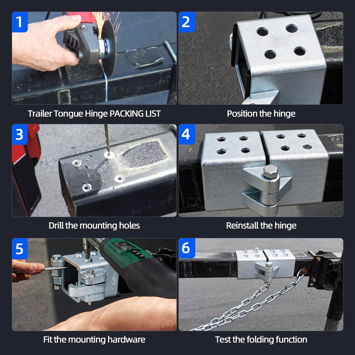 Folding Trailer Tongue Kit, 3 x 3 Inch Bolt-On Heavy Duty Tongue Hinge, 5,000 LBS Load Capacity, Trailer Tongue Hinge for RV, Utility, Boat & Cargo Trailers, Save Storage Space