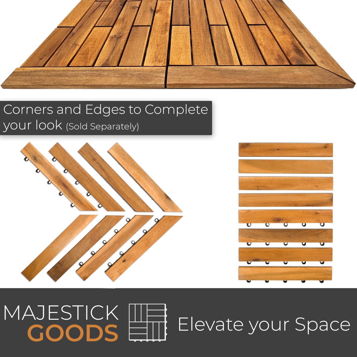 Majestick Goods Interlocking Longboard Deck Tiles, Acacia Wood Interlocking Deck Tiles - Easy Install for Patio Flooring & Walkways with Raised Base Drainage, 24 x 12 x 0.9 in. (12 Count)