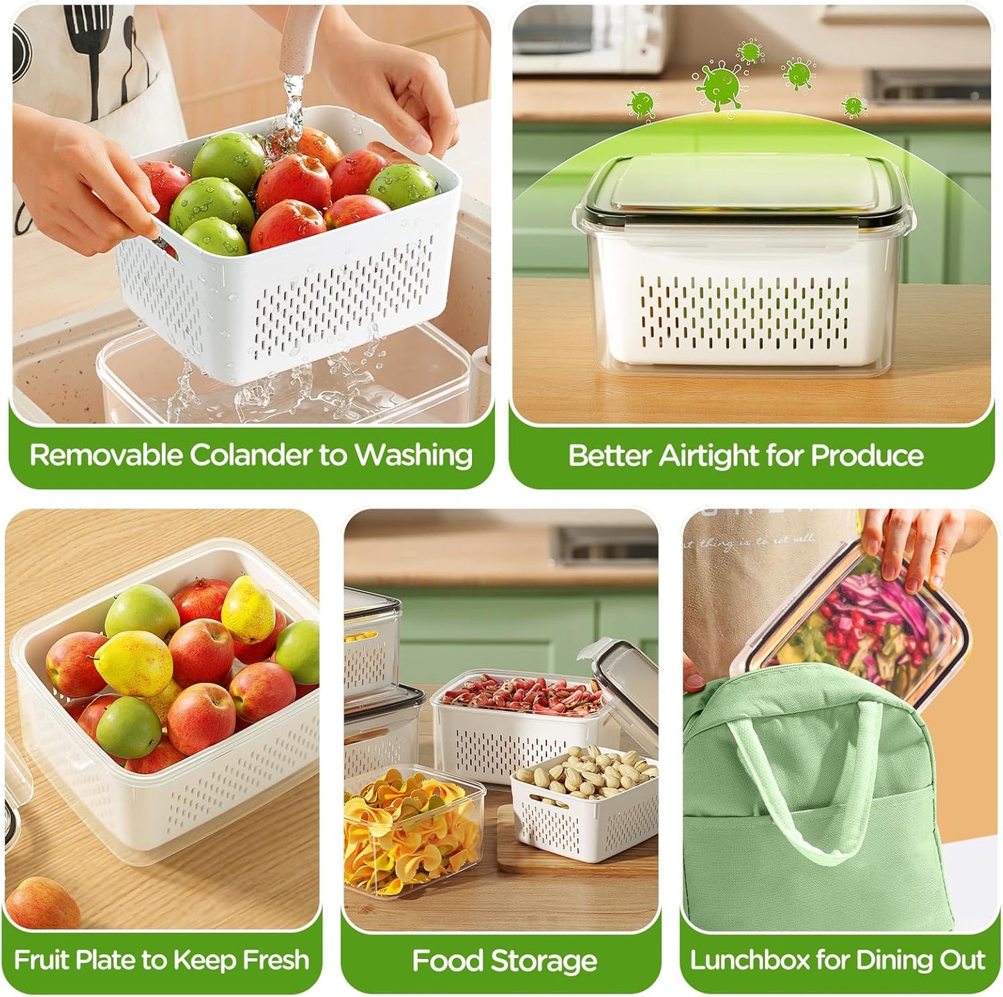 Skiennix 4 PCS Fruit Storage Containers - All-In-One Produce Wash Bowl with Removable Colander | Microwave & Dishwasher Safe