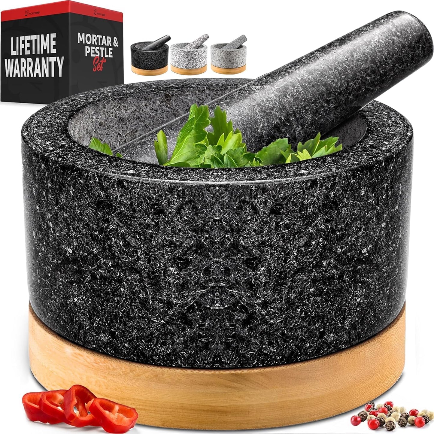 PriorityChef Heavy Duty Mortar and Pestle Set - 100% Natural Granite Stone Grinder, 2 Cups, Black