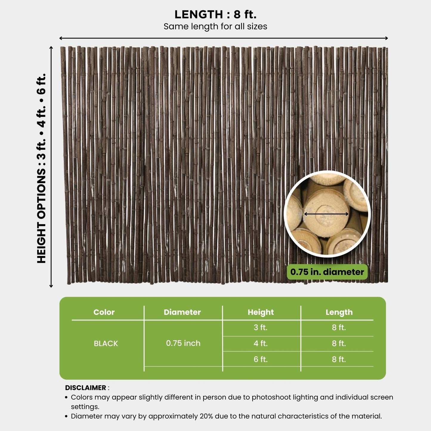 Forever Bamboo Natural Bamboo Fencing Garden Screen Rolled Fence Panel Black 0.75 in D x 3 ft H x 8 ft L