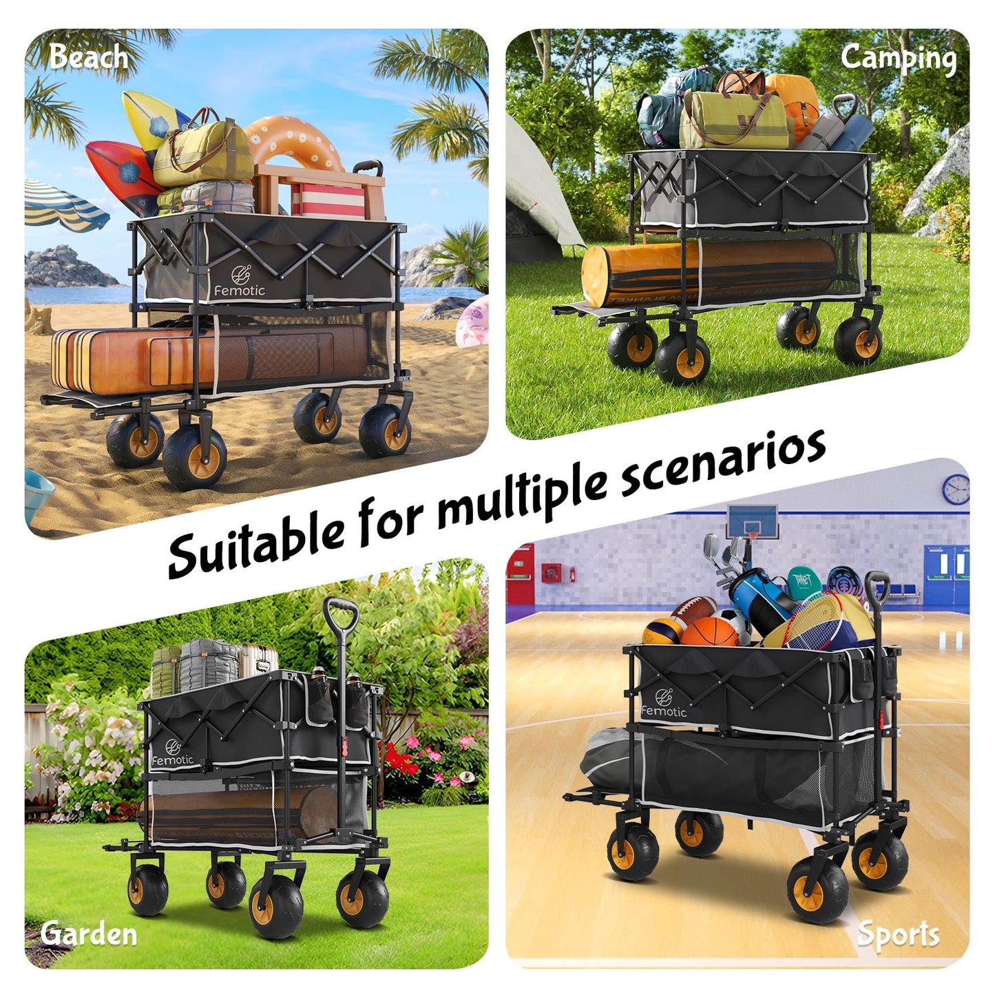 Beach Wagon with Big Wheels for Sand,Heavy Duty Double Decker Wagon with Extender,400L Extra Large Foldable Wagon Cart with 9" All Terrain Inflatable Tires,for Beach Camping Garden and Sports, Black