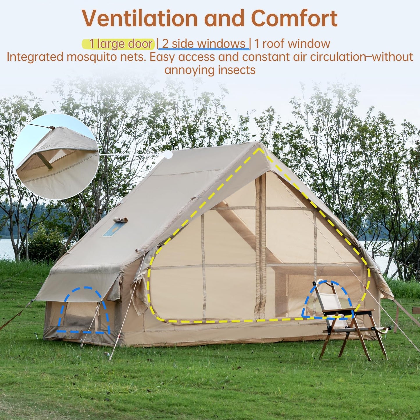WaldZimmer 6sq Beige Inflatable Camping Tent with Hand Pump and Stove Jack Waterproof Windproof Outdoor Blow up Tent 3-4 Person Oxford 4 Season Glamping Air Tents Cabin House Easy to Set Up