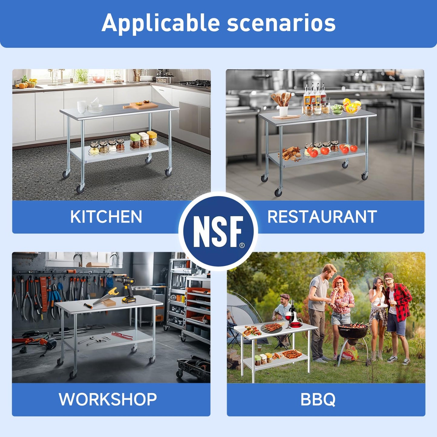 ROCKPOINT Stainless Steel Table for Prep & Work 24x48 Inches, NSF Metal Commercial Kitchen Heavy Duty Table with Adjustable Under Shelf and Table Foot for Restaurant, Home and Hotel