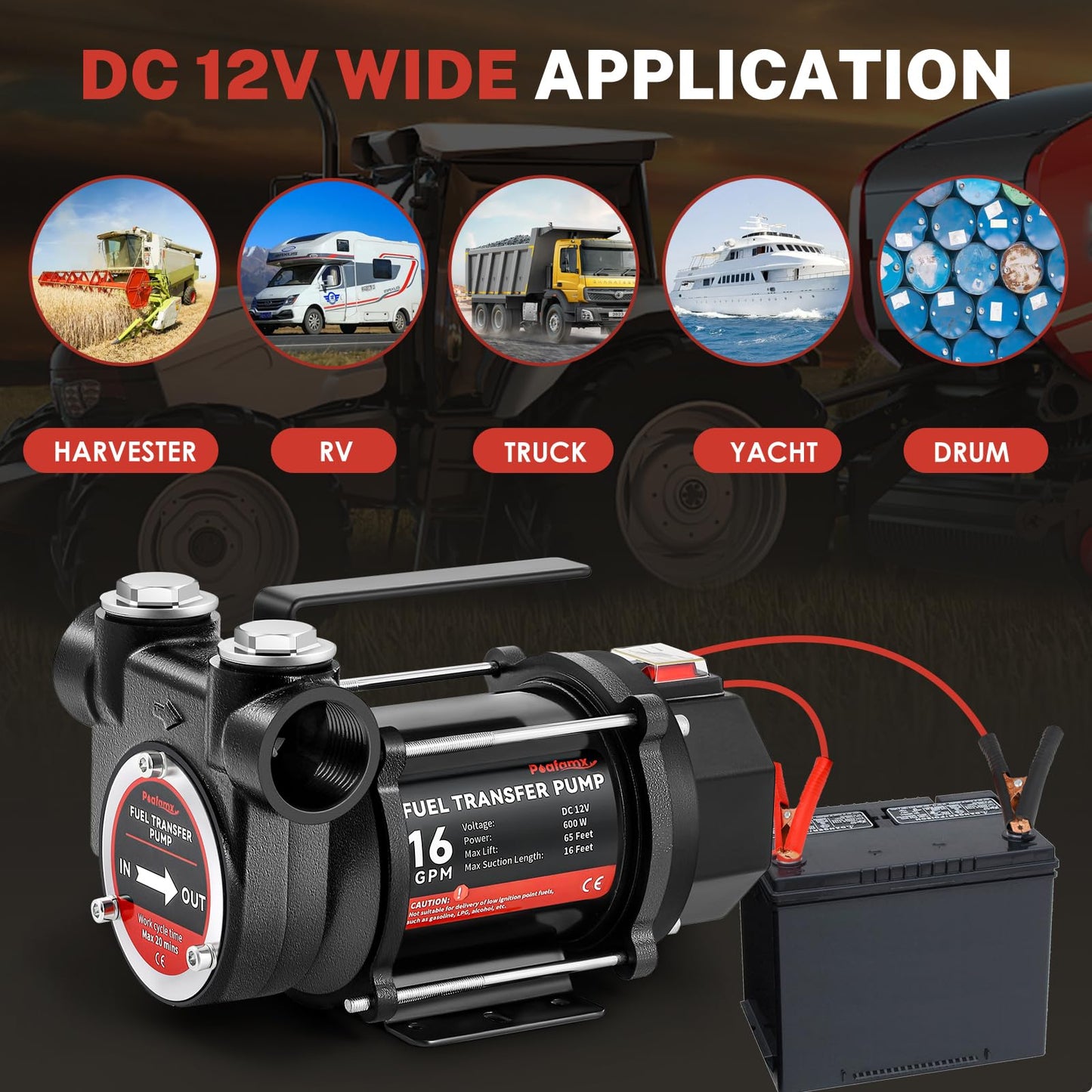 Poafamx 12V DC Fuel Transfer Pump, 16 GPM 600W Self Priming Diesel Transfer Pump, Portable Electric Oil Extractor Pump with High Flow Rate Auto Motor for Diesel Oil
