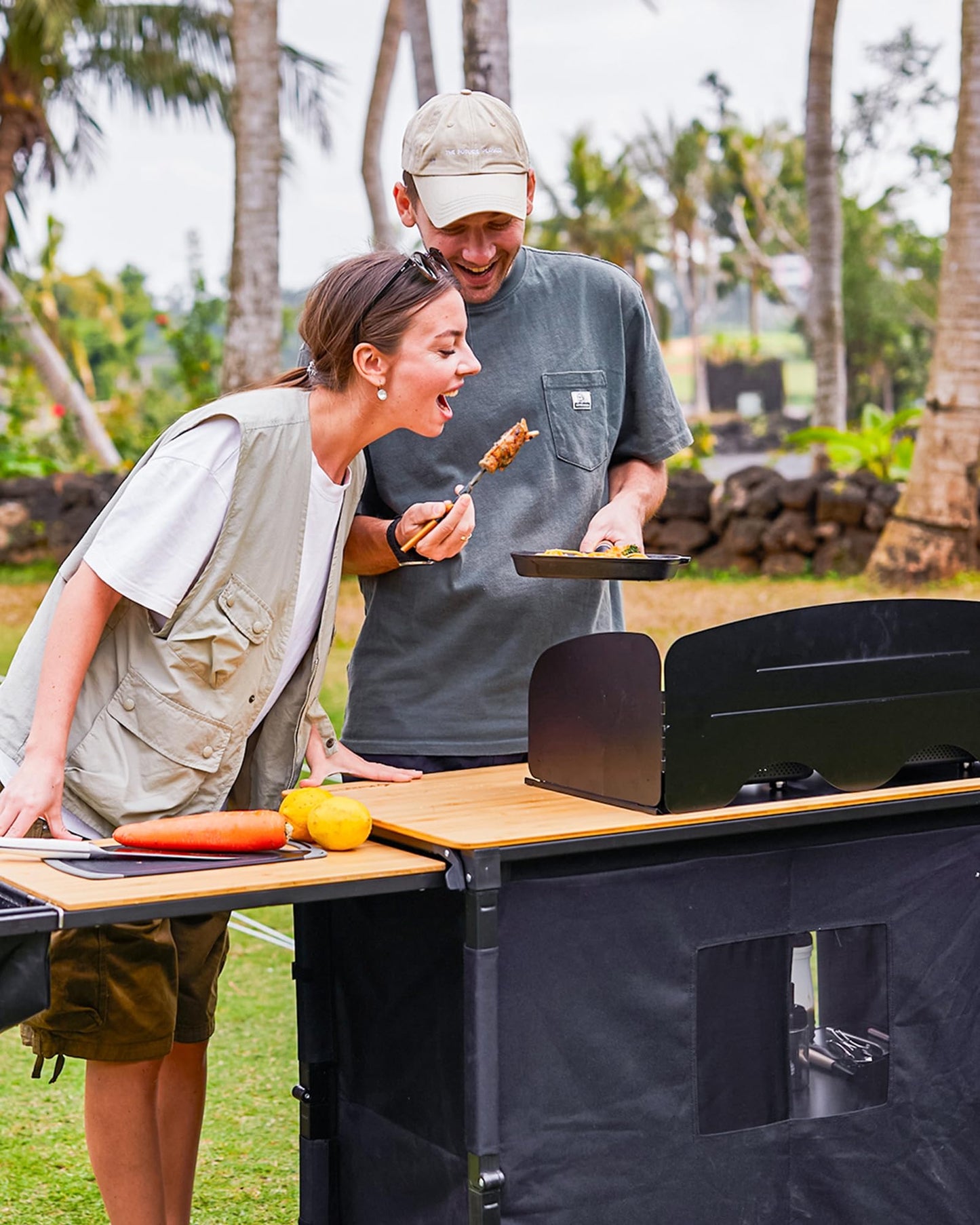 KingCamp Bamboo Camp Kitchen Table, Slide-Out Overland Table with 400L Storage, Portable Outdoor Prep Station with Sink, Windscreen & Lantern Pole for RV, Tailgating, BBQ