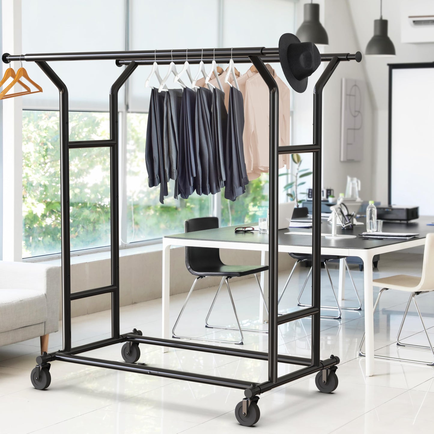 Simple Houseware Heavy Duty Double Rail Clothing Garment Rack, Holds Up to 200 lbs, 43 to 67 Inches Extendable Rod, Black