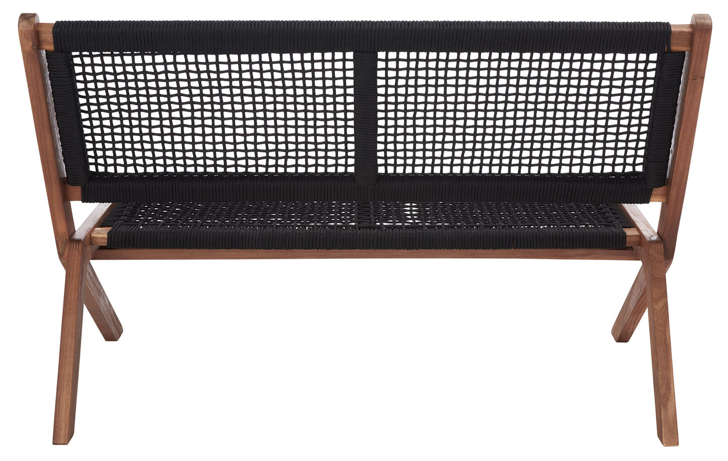 SAFAVIEH Outdoor - Kobina Folding Bench - Natural & Black - Solid Wood and Rope - Modern Sculpted Folding Design - Ideal for Patio, Deck, Porch, Backyard, 13.8" Seat Height (PAT7304E)