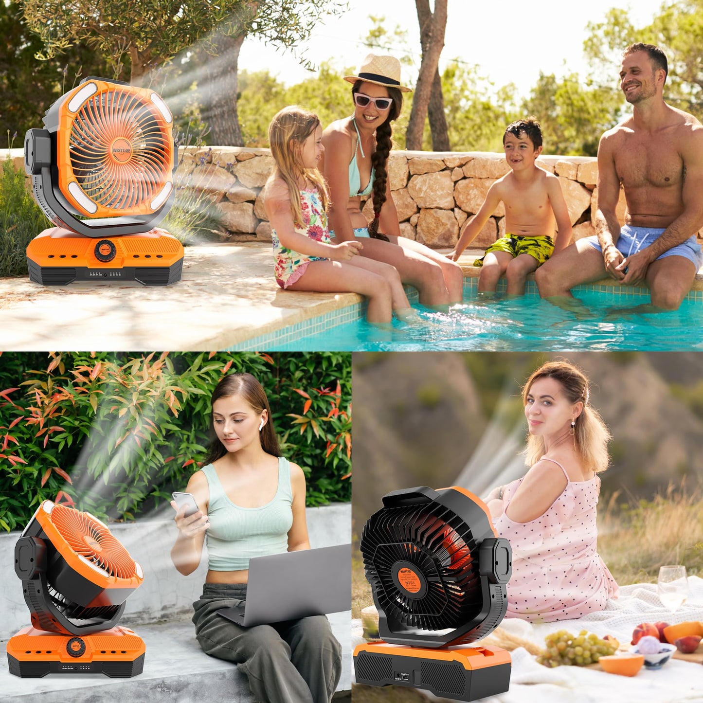 WESTTREE Battery Operated Large Airflow Fan,45000mAh Rechargeable Camping Cordless Fan with 360°Auto Oscillation & Timer, Queit Battery Powered Tent Fans Portable with RGBW Lights for Home X66 Orange