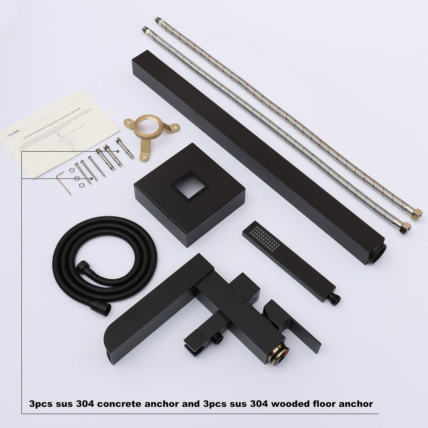 High Flow Freestanding Bathtub Faucet Waterfall LLGG Tub Filler Black 11.9GAL Floor Mount Bathroom Faucets with Handheld Shower Sprayer RIGOBAL