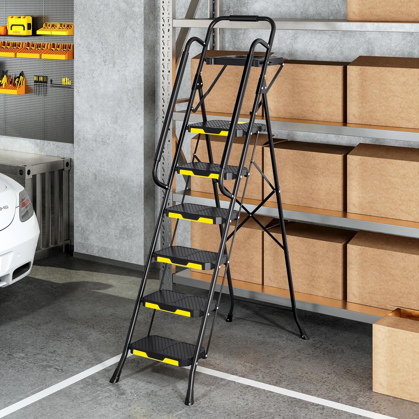 Urackify 6 Step Ladder with Tool Platform, Folding Step Stool with Handrails, Sturdy Steel Ladder with Wide Pedal, 800 LBS Portable Safety Ladder for Painting Home Outdoor Garage