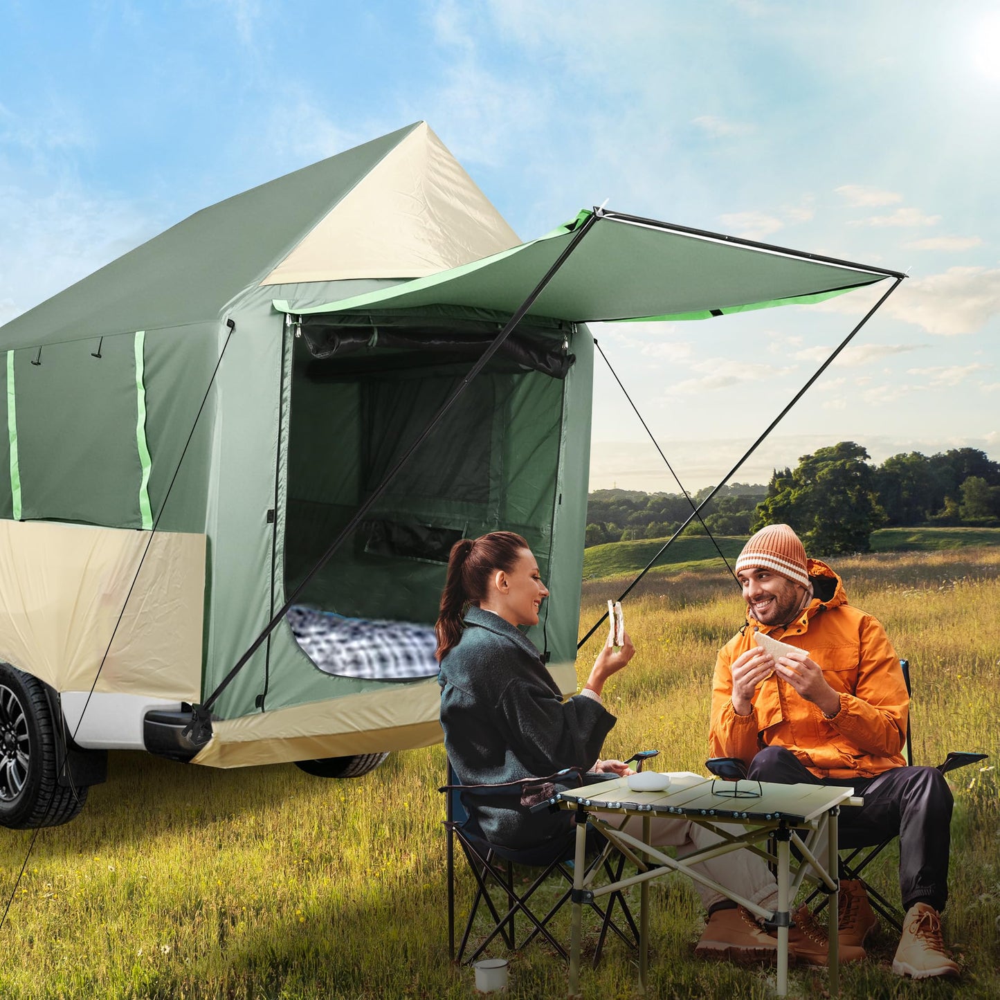 Inflatable Truck Tent with Front Awning - PU3000mm Waterproof 2-Min Setup Easy Set up Pickup Truck Tent with Pump 2 persen turck Bed Tent for 5.5ft-8ft Pickup Outdoor Camping Tent