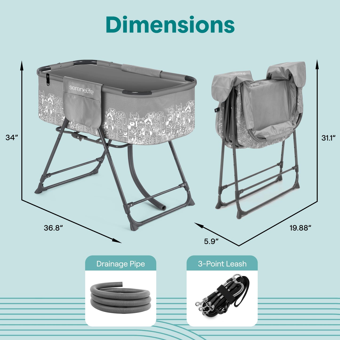 SereneLife Foldable Dog Bath Tub with Adjustable Height, 360° Access, Drain Hose & Storage Pockets – 130 lb Capacity Grooming Station for Indoor/Outdoor Use (Gray)